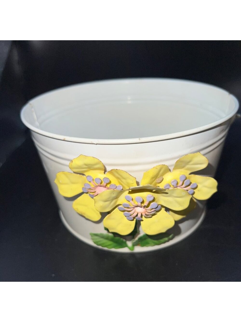 Decorative White Metal Pail Yellow 3D Floral Design Rustic Planter Vintage Style